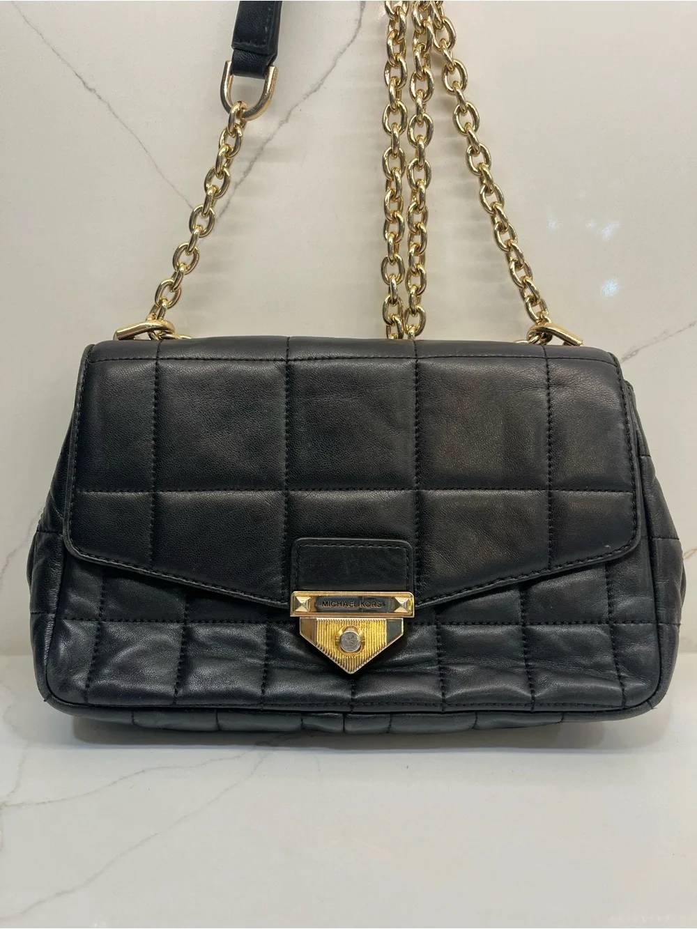 Michael Kors Soho Large Black Quilted Leather Shoulder Bag Gold Chain